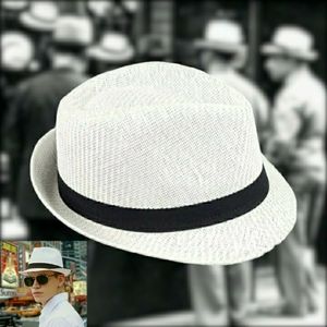 GROOVY GLAM White Classic Trilby Fedora Hat with Black Band